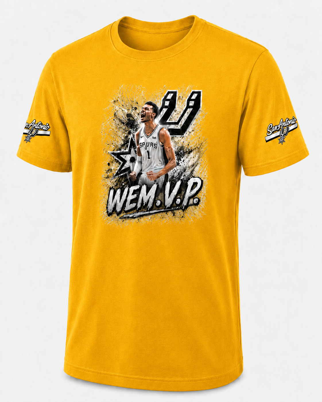 WEM.V.P. Spurs-Inspired Fan Tee — Front Graphic + Sleeve Patches