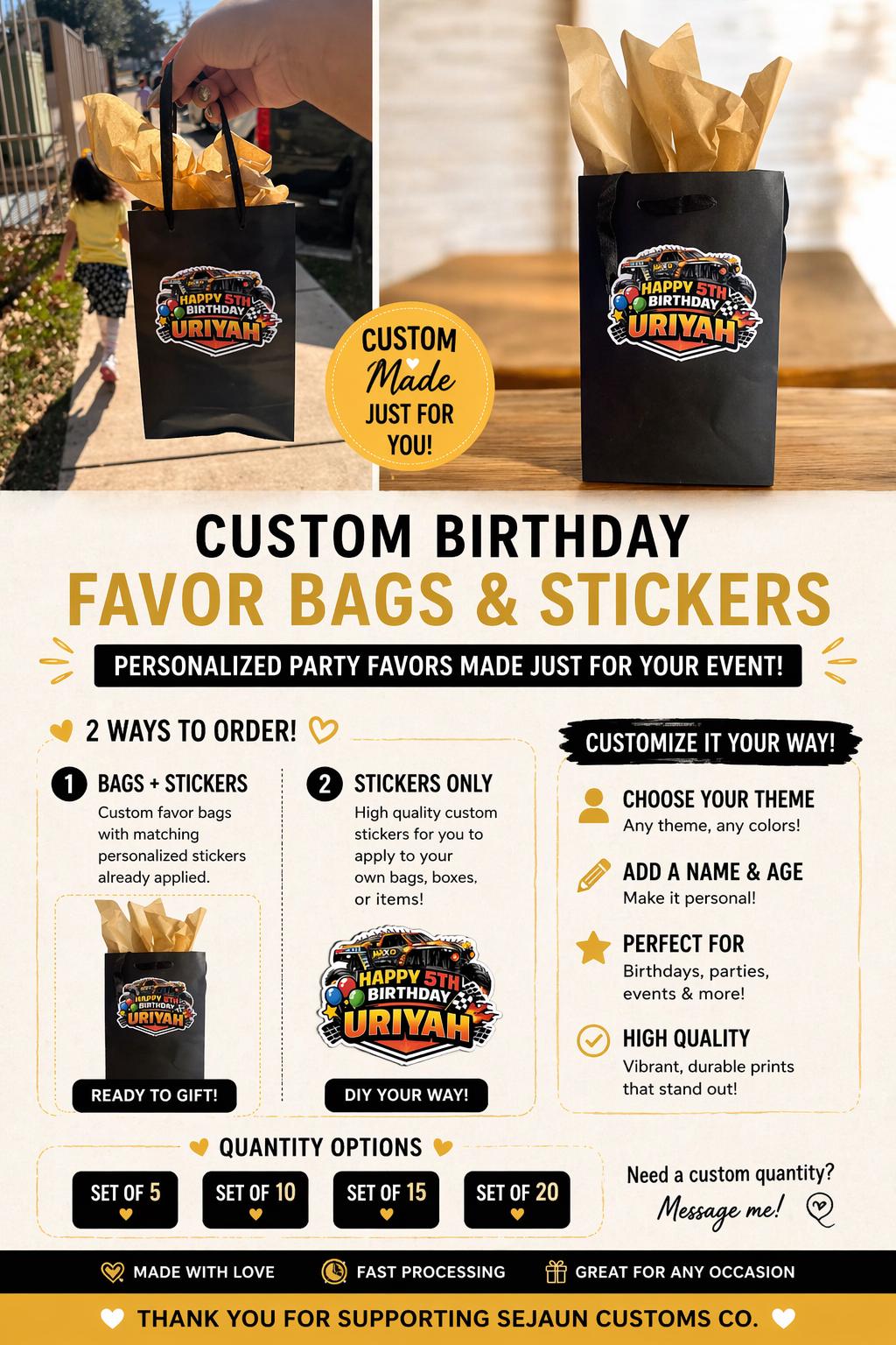 Custom Birthday Favor Bags or Stickers Only | Personalized Party Bags | Kids Party Favors | Custom Name & Theme Stickers