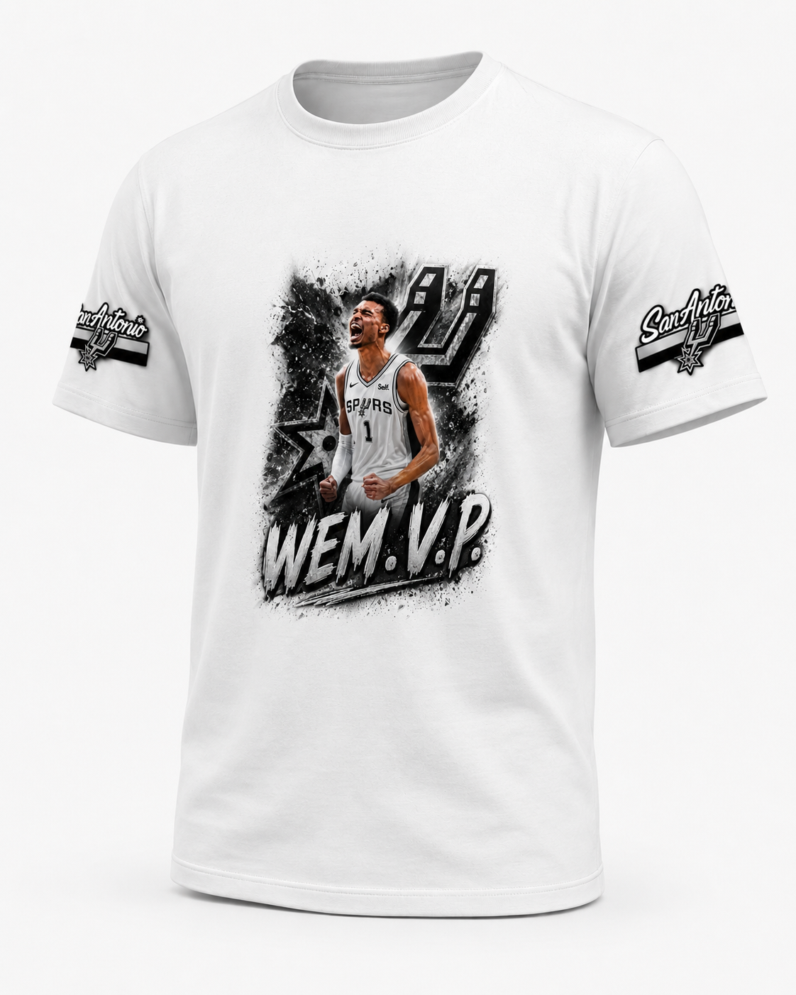 WEM.V.P. Spurs-Inspired Fan Tee — Front Graphic + Sleeve Patches