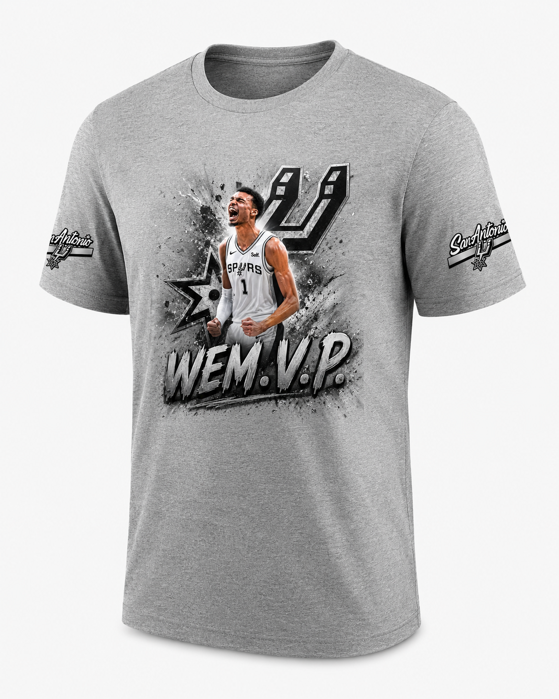 WEM.V.P. Spurs-Inspired Fan Tee — Front Graphic + Sleeve Patches