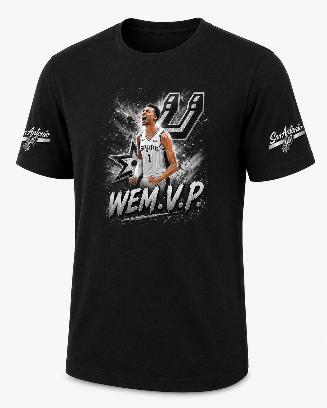 WEM.V.P. Spurs-Inspired Fan Tee — Front Graphic + Sleeve Patches