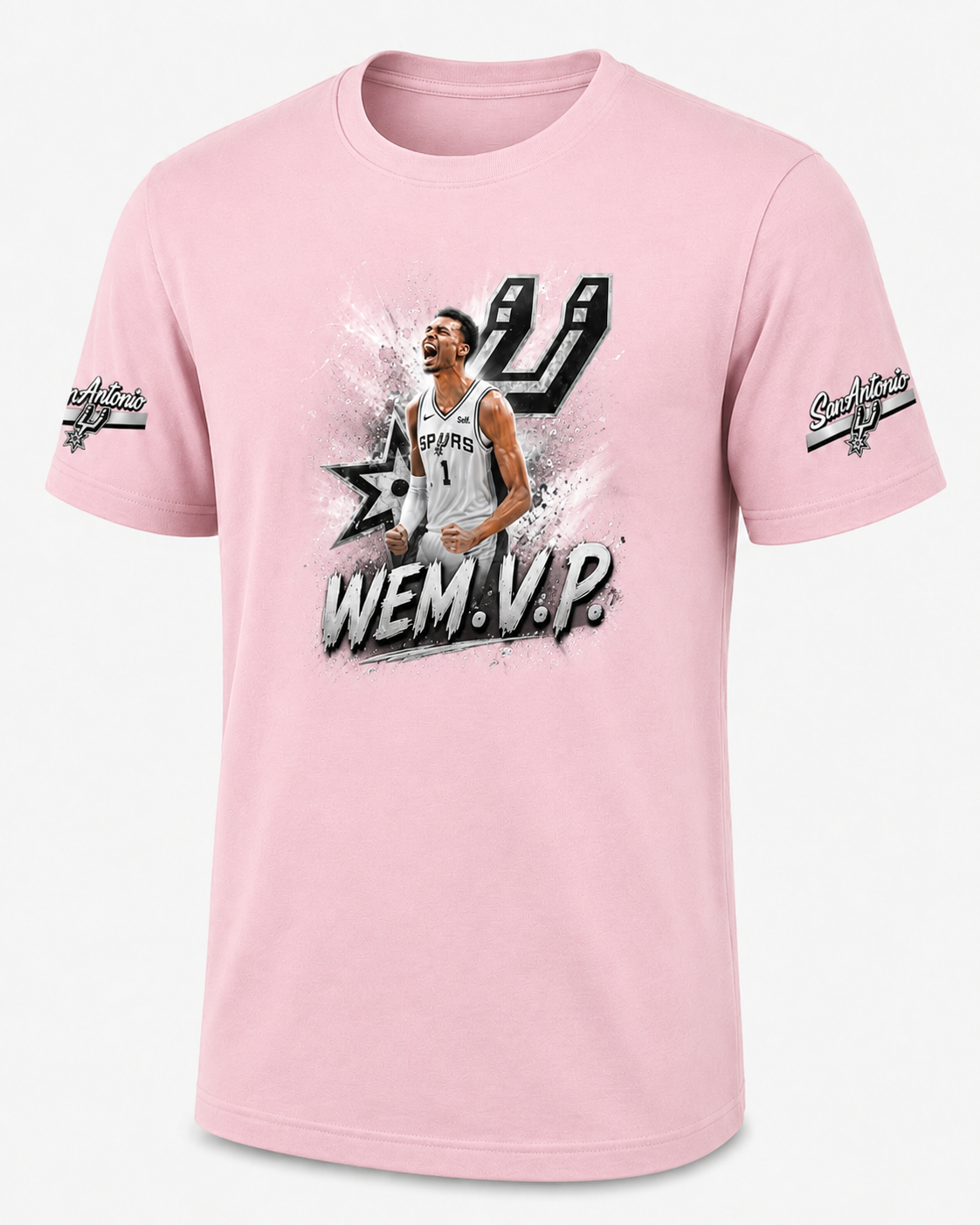 WEM.V.P. Spurs-Inspired Fan Tee — Front Graphic + Sleeve Patches