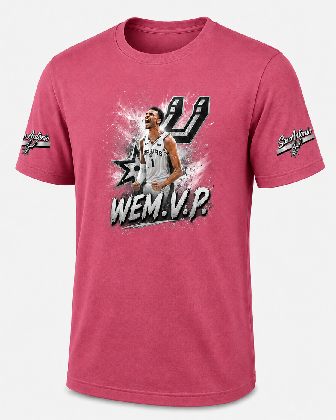 WEM.V.P. Spurs-Inspired Fan Tee — Front Graphic + Sleeve Patches