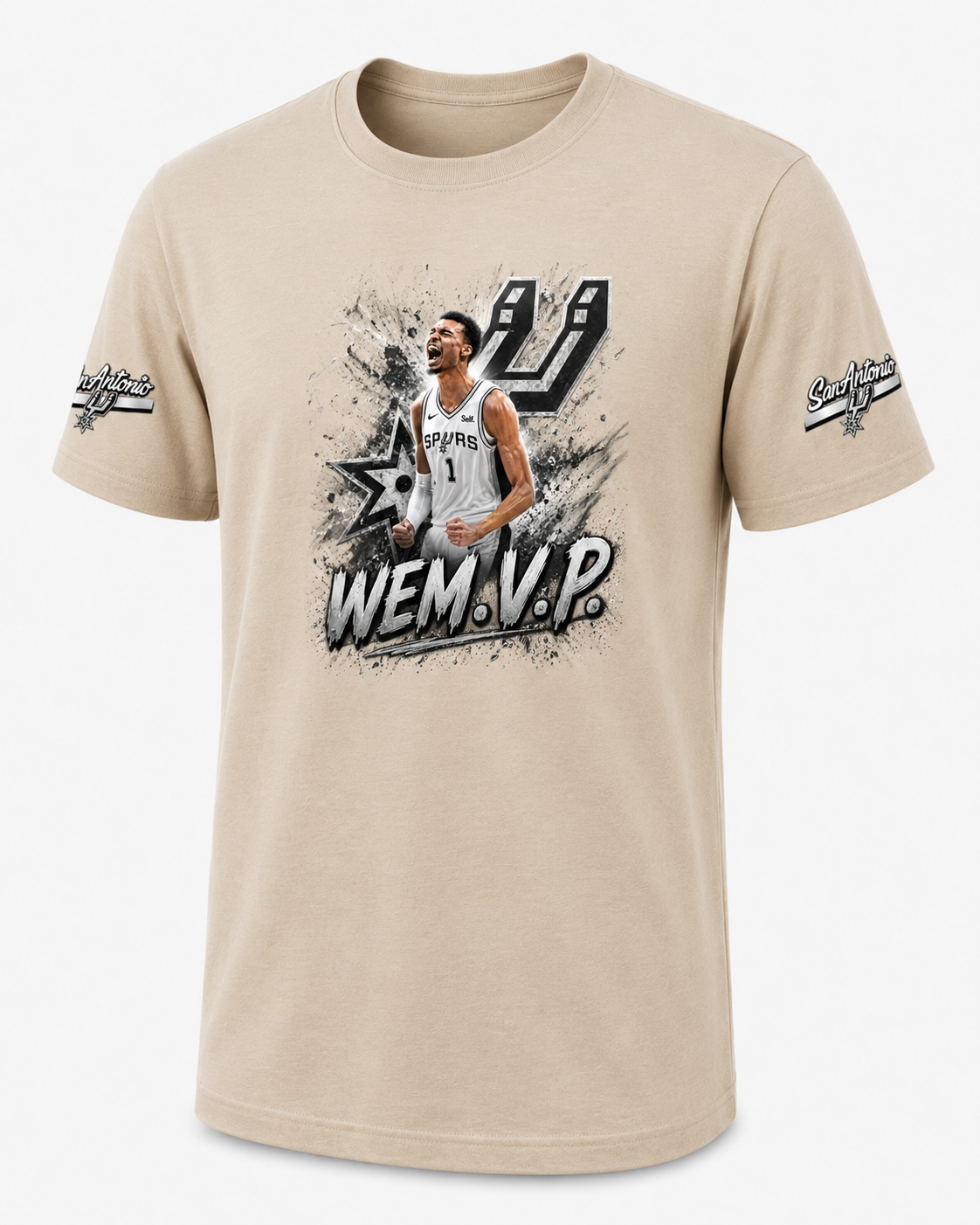 WEM.V.P. Spurs-Inspired Fan Tee — Front Graphic + Sleeve Patches