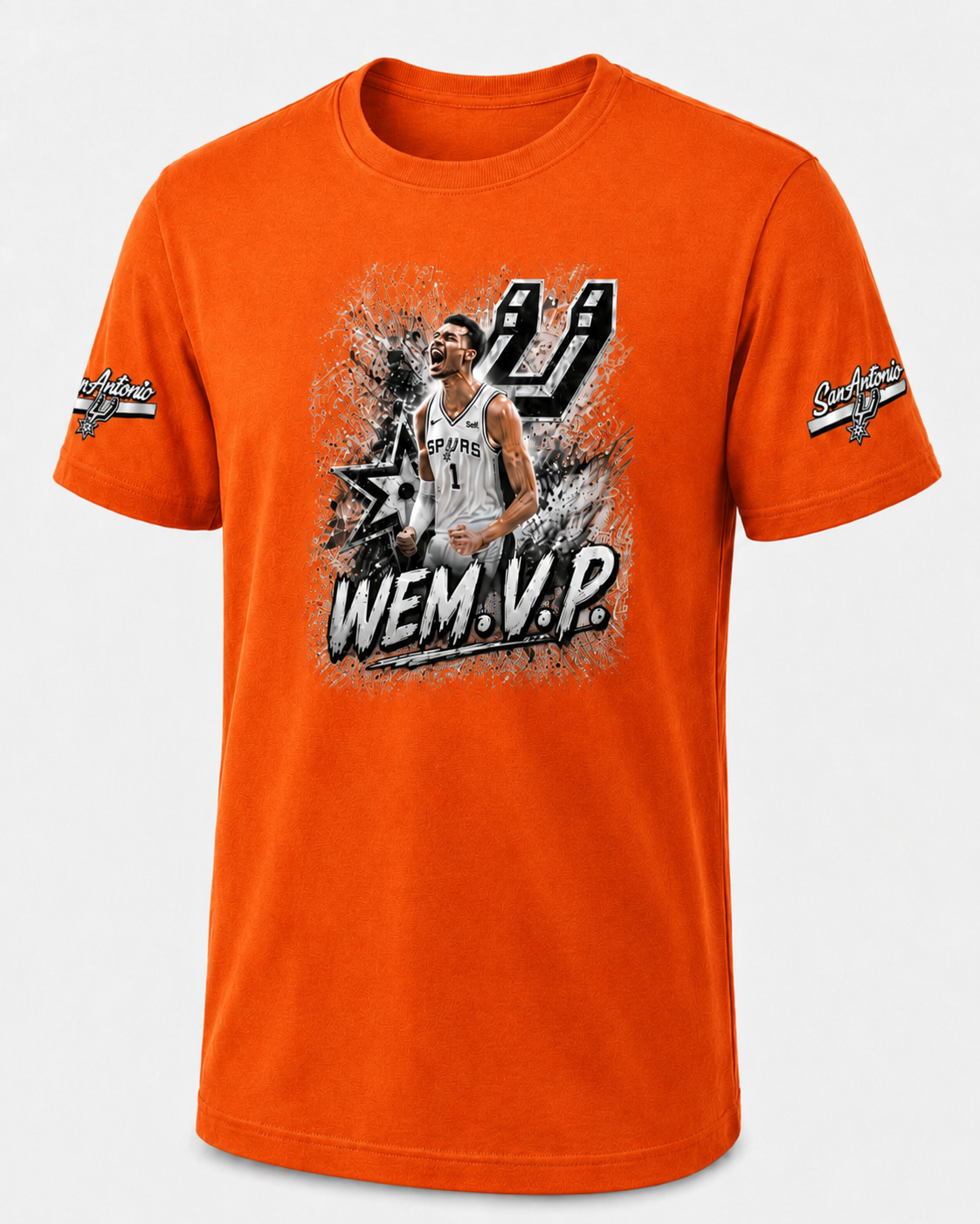 WEM.V.P. Spurs-Inspired Fan Tee — Front Graphic + Sleeve Patches