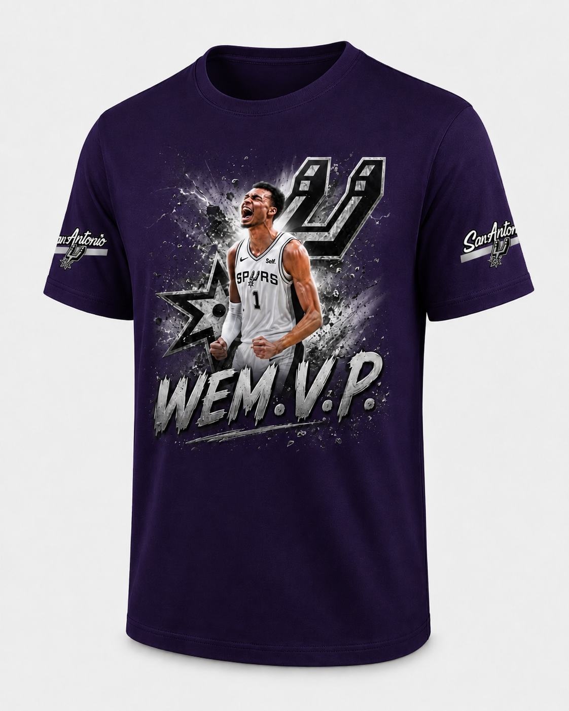 WEM.V.P. Spurs-Inspired Fan Tee — Front Graphic + Sleeve Patches