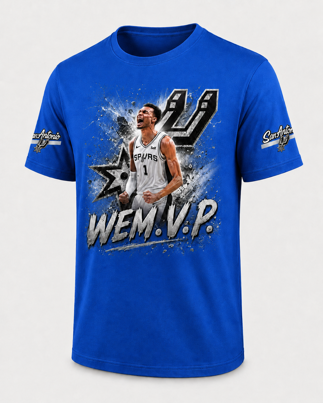 WEM.V.P. Spurs-Inspired Fan Tee — Front Graphic + Sleeve Patches