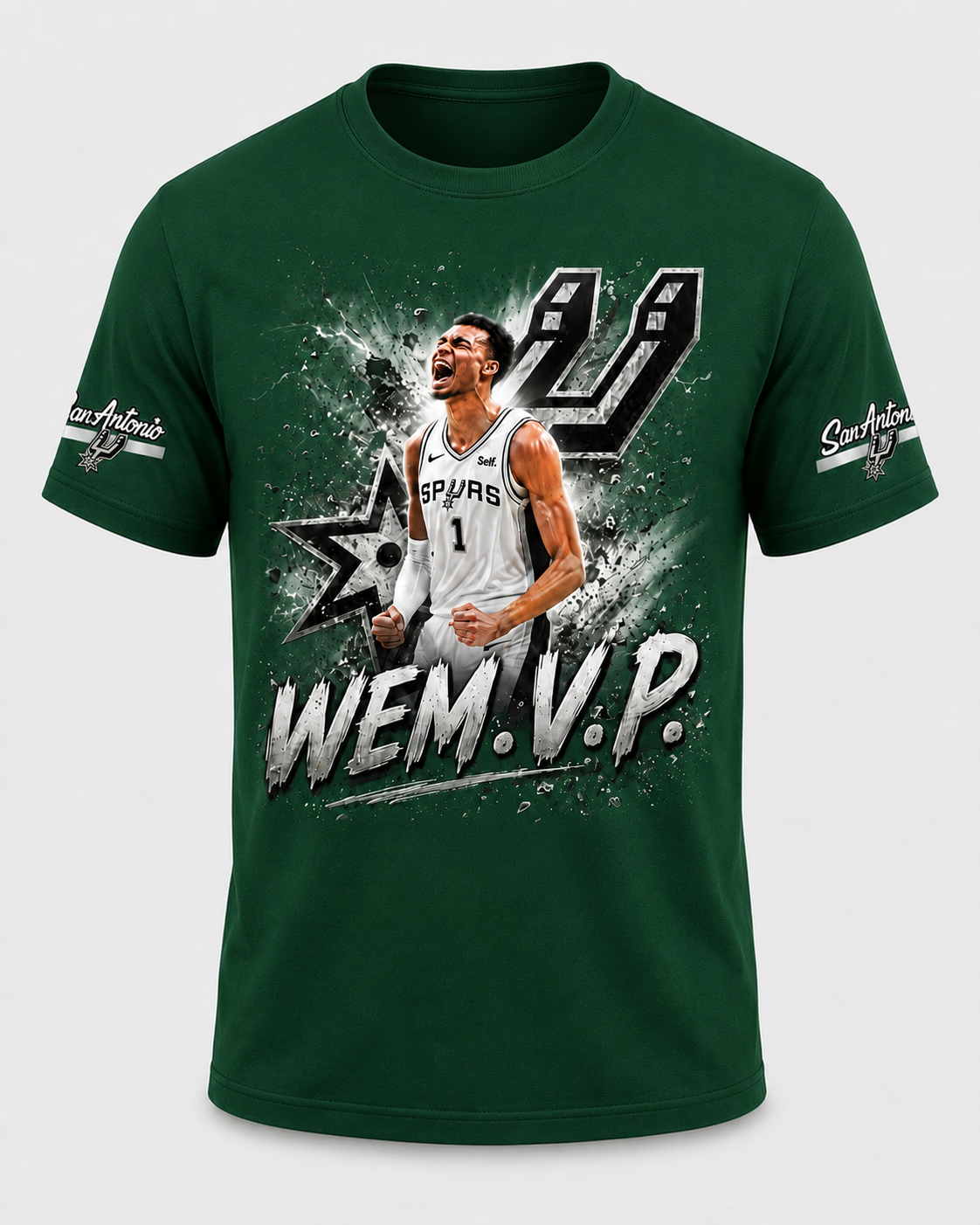 WEM.V.P. Spurs-Inspired Fan Tee — Front Graphic + Sleeve Patches
