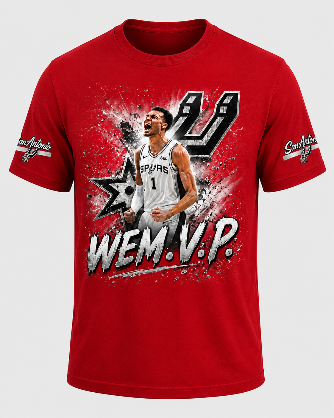 WEM.V.P. Spurs-Inspired Fan Tee — Front Graphic + Sleeve Patches